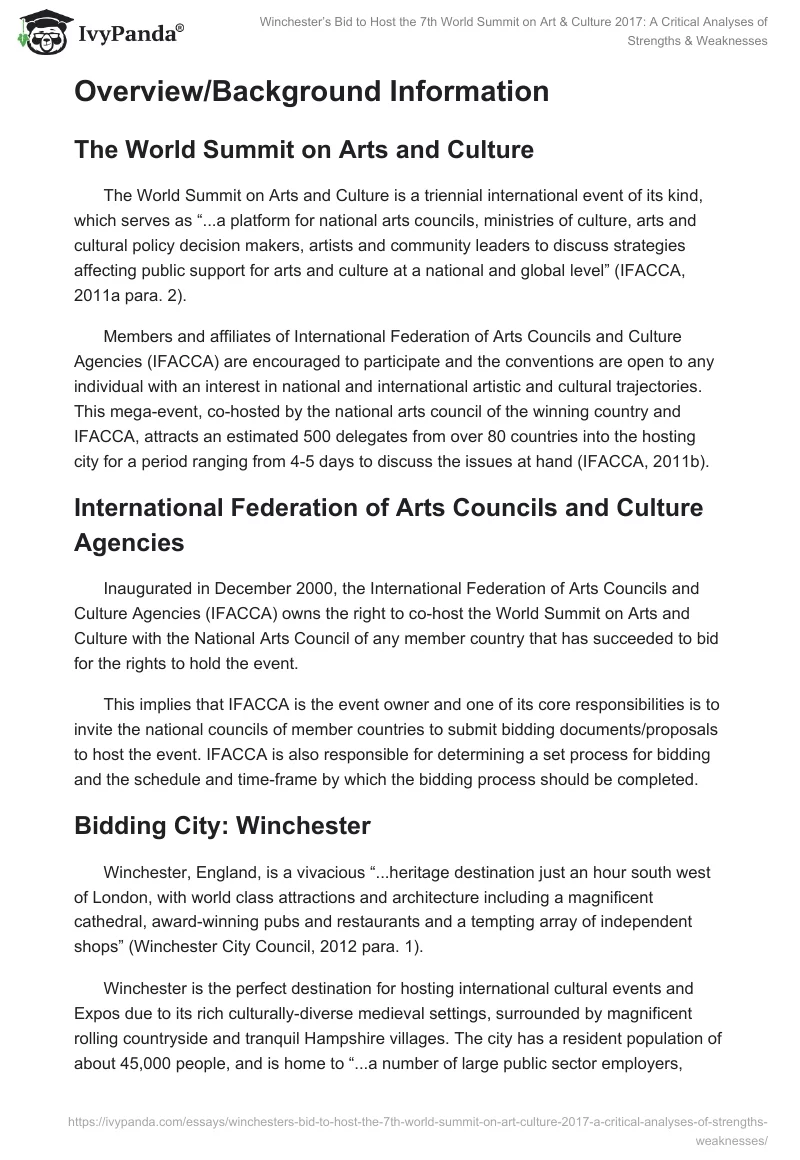 Winchester’s Bid to Host the 7th World Summit on Art & Culture 2017: A Critical Analyses of Strengths & Weaknesses. Page 2