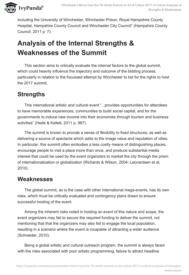 Winchester’s Bid to Host the 7th World Summit on Art & Culture 2017: A Critical Analyses of Strengths & Weaknesses. Page 3