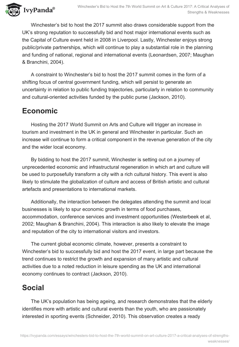 Winchester’s Bid to Host the 7th World Summit on Art & Culture 2017: A Critical Analyses of Strengths & Weaknesses. Page 5