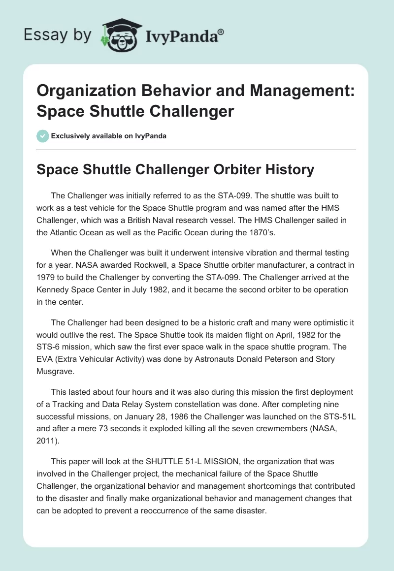 Organization Behavior and Management: Space Shuttle Challenger. Page 1