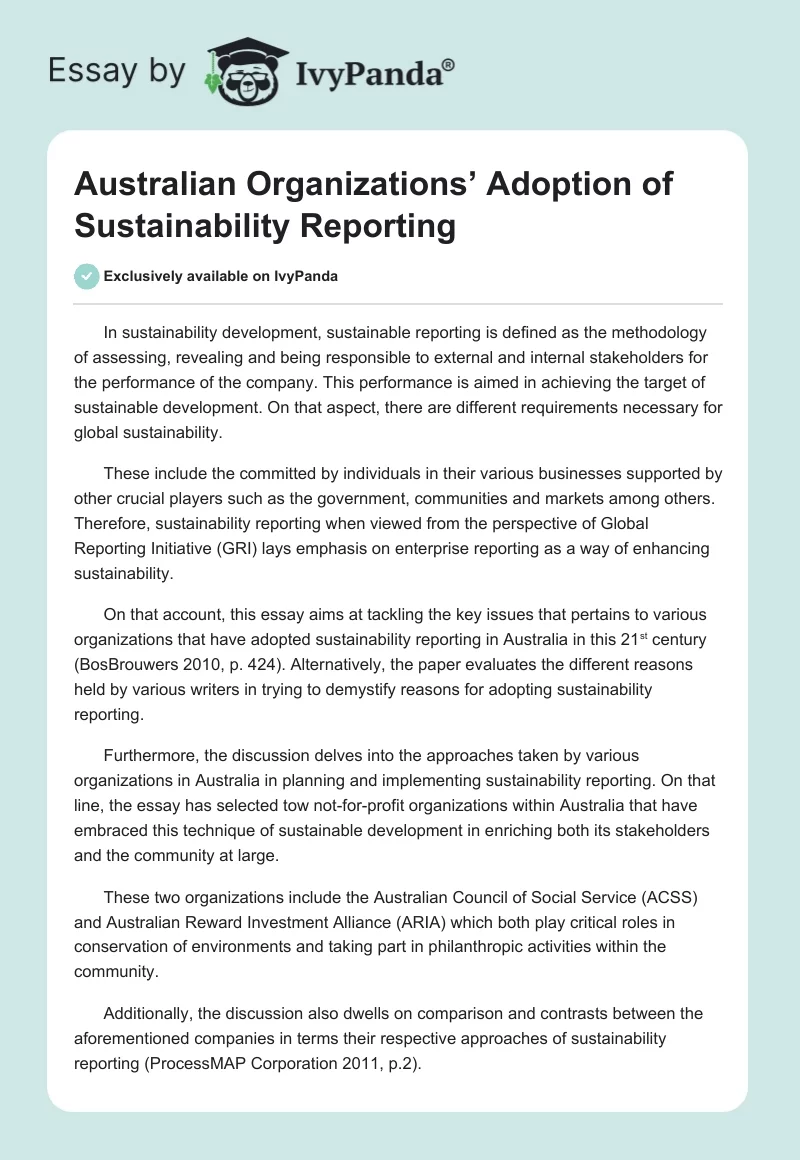 Australian Organizations’ Adoption of Sustainability Reporting. Page 1