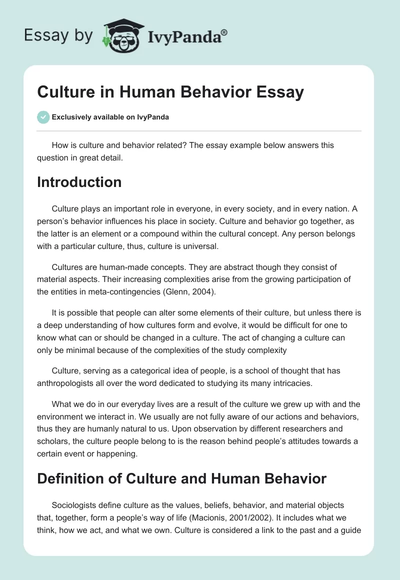 Culture in Human Behavior Essay. Page 1