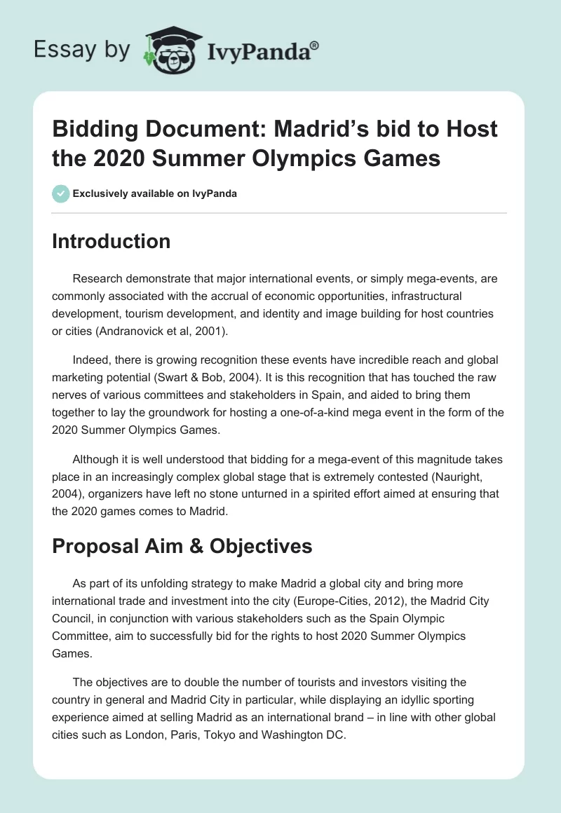 Bidding Document: Madrid’s bid to Host the 2020 Summer Olympics Games. Page 1