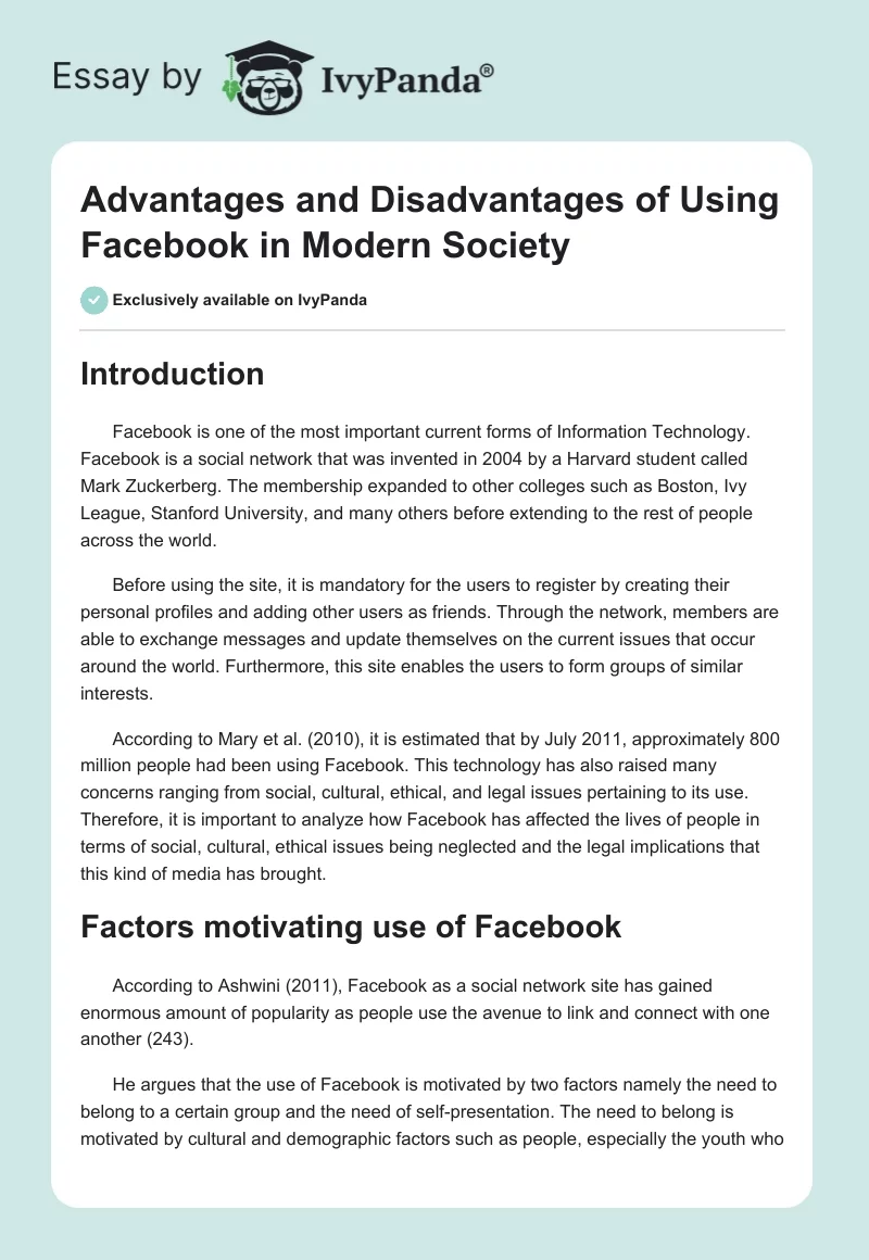 Advantages and Disadvantages of Using Facebook in Modern Society. Page 1