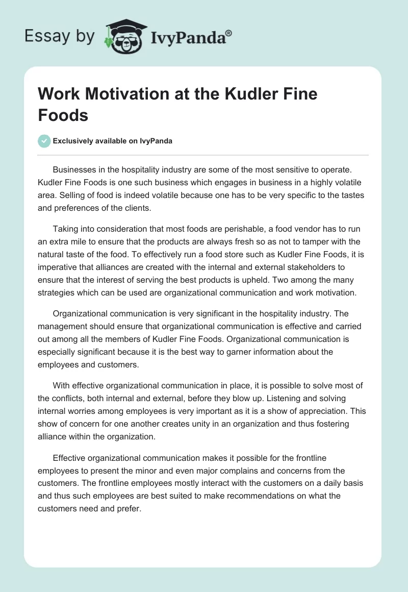 Work Motivation at the Kudler Fine Foods. Page 1