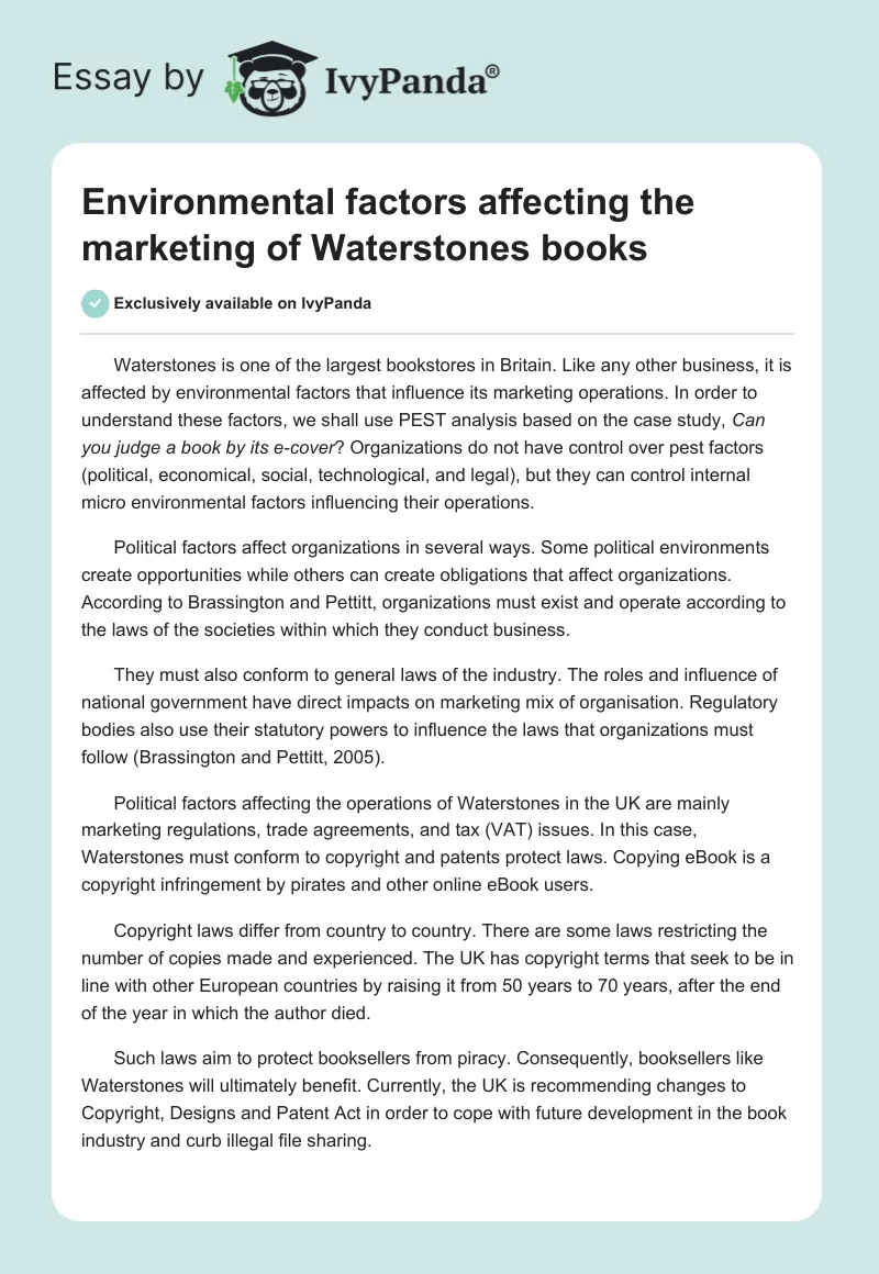 Environmental factors affecting the marketing of Waterstones books. Page 1
