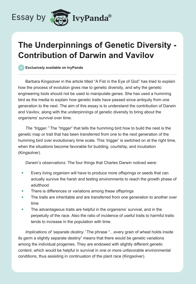 The Underpinnings of Genetic Diversity - Contribution of Darwin and Vavilov. Page 1