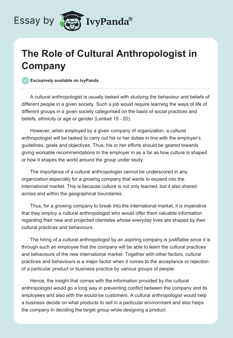 The Role of Cultural Anthropologist in Company. Page 1