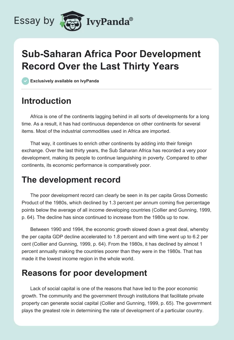 Sub-Saharan Africa Poor Development Record Over the Last Thirty Years. Page 1