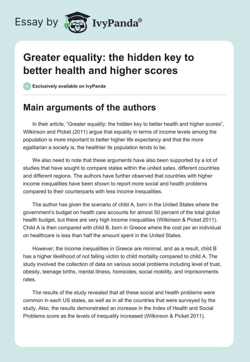Greater equality: the hidden key to better health and higher scores. Page 1