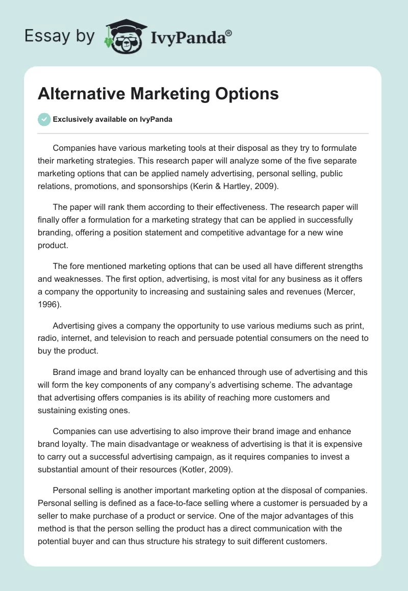 Alternative Marketing Options. Page 1