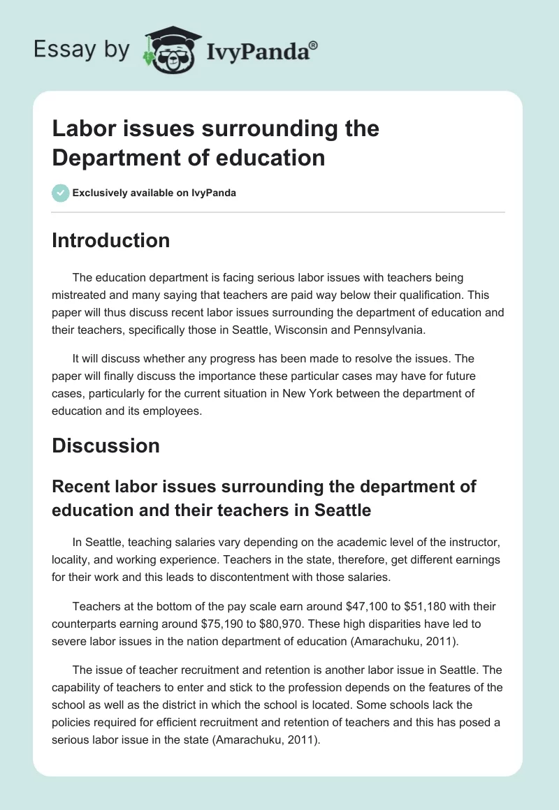 Labor issues surrounding the Department of education. Page 1
