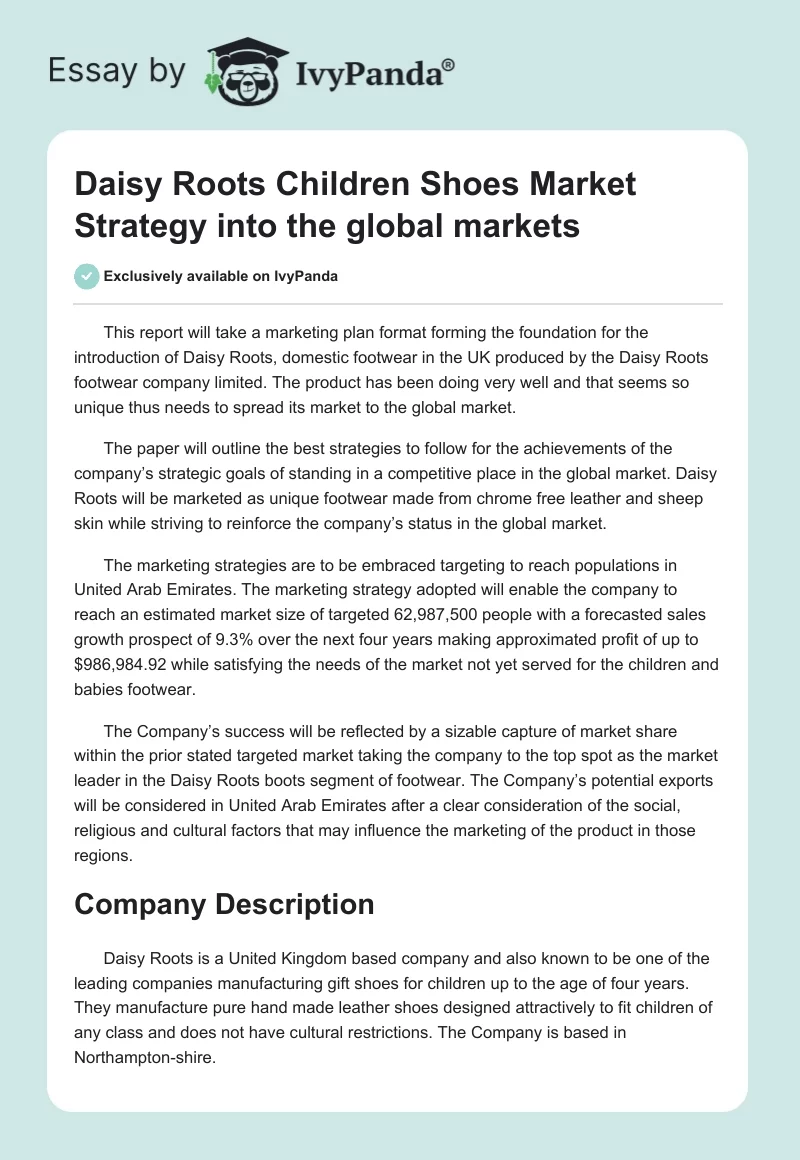 Daisy Roots Children Shoes Market Strategy into the global markets. Page 1