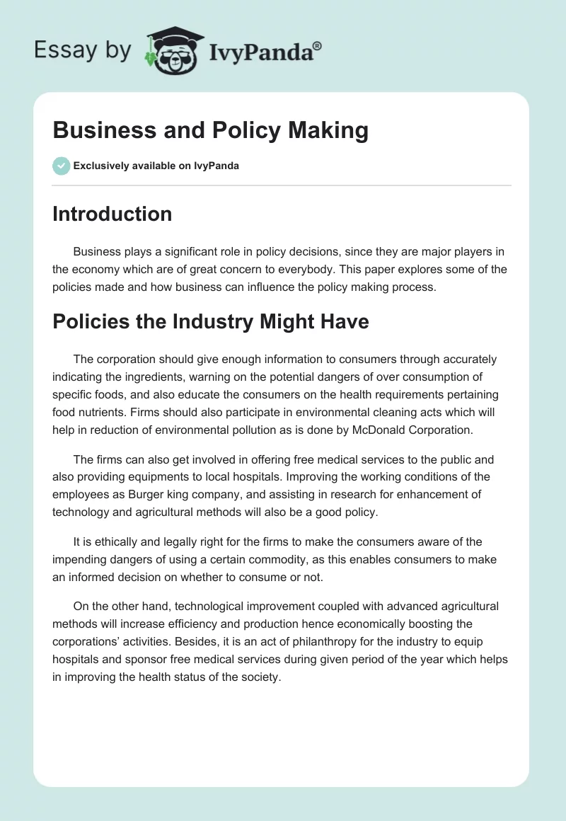 Business and Policy Making. Page 1