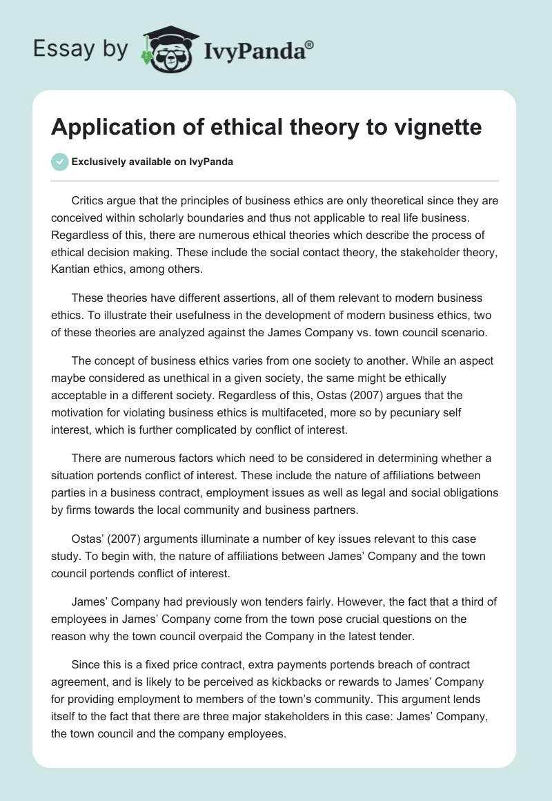 Application of ethical theory to vignette. Page 1