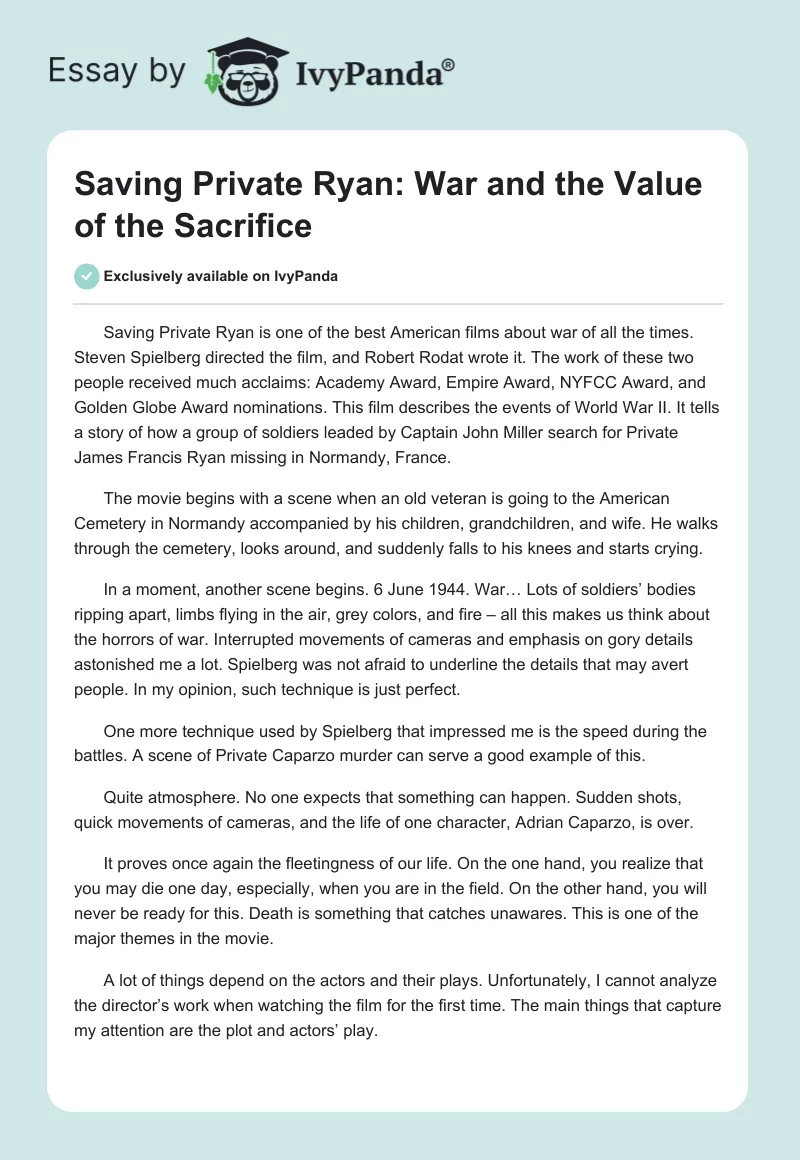 Saving Private Ryan: War and the Value of the Sacrifice. Page 1