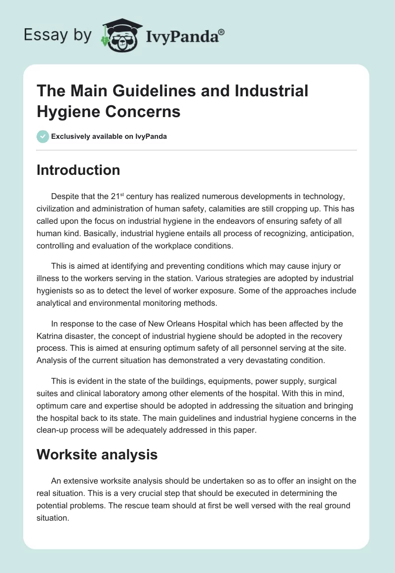 The Main Guidelines and Industrial Hygiene Concerns. Page 1