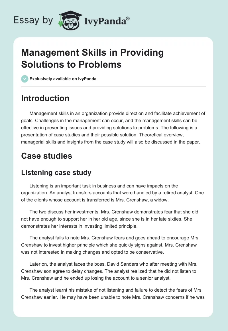 Management Skills in Providing Solutions to Problems. Page 1