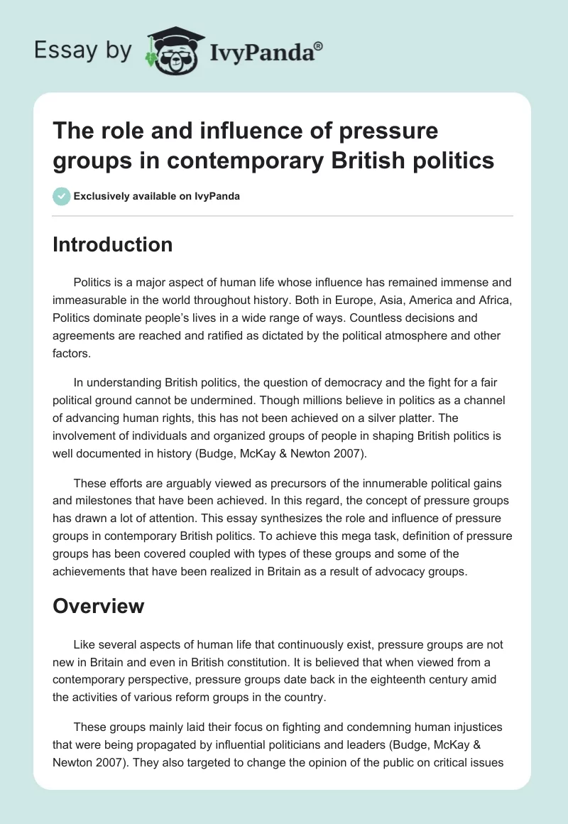 The role and influence of pressure groups in contemporary British politics. Page 1