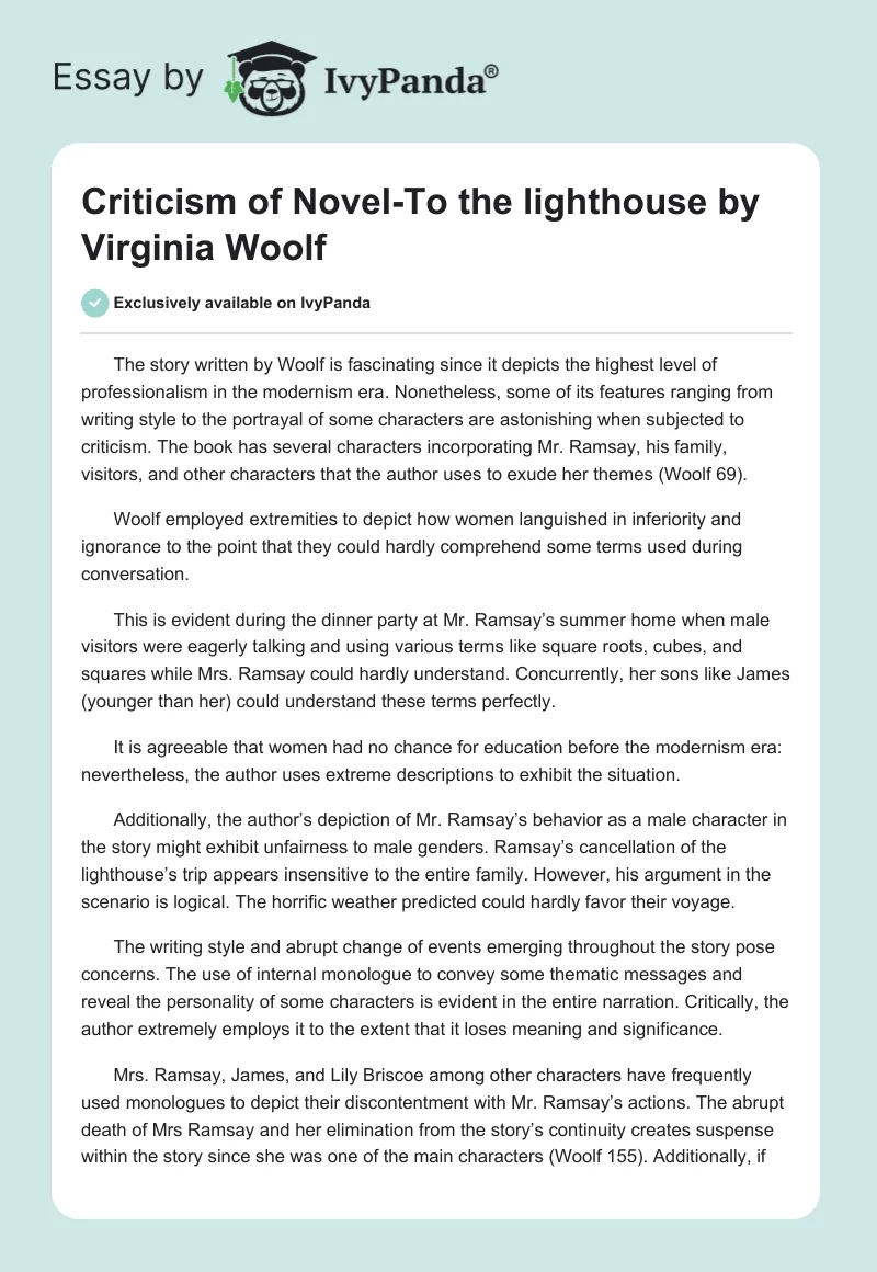 Criticism of Novel-To the lighthouse by Virginia Woolf. Page 1