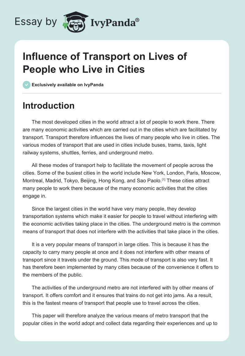 Influence of Transport on Lives of People who Live in Cities. Page 1