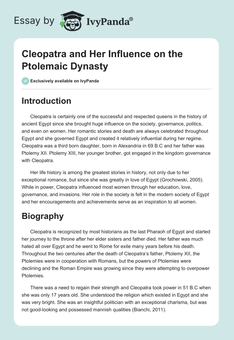 Cleopatra and Her Influence on the Ptolemaic Dynasty. Page 1