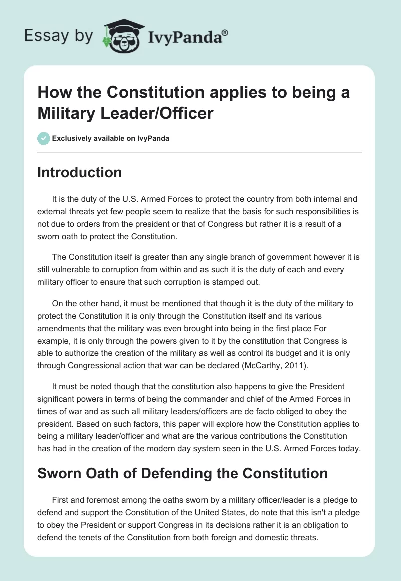 How the Constitution Applies to Being a Military Leader/Officer. Page 1