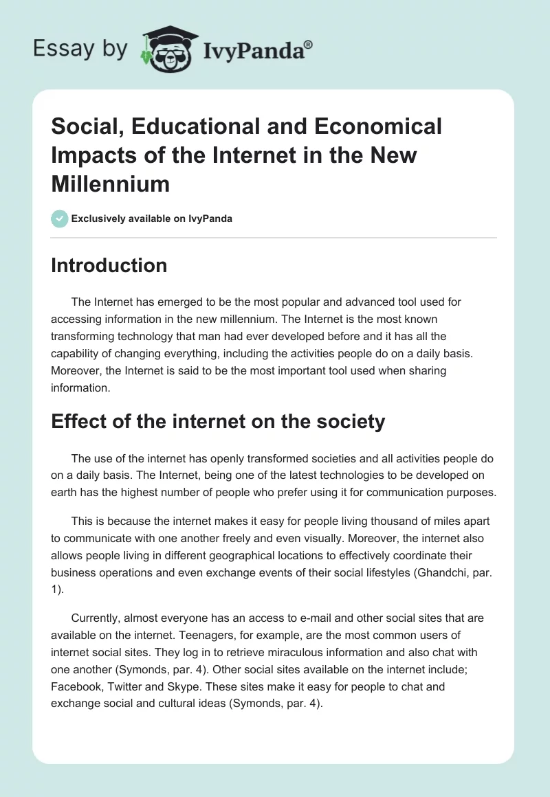 Social, Educational and Economical Impacts of the Internet in the New Millennium. Page 1