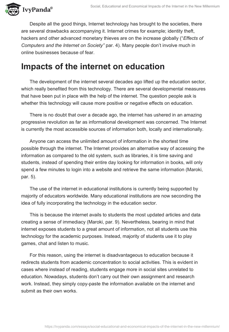 Social, Educational and Economical Impacts of the Internet in the New Millennium. Page 2