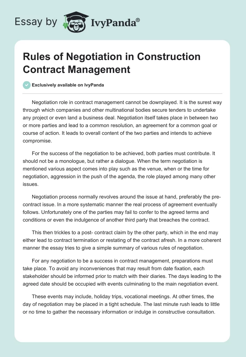 Rules of Negotiation in Construction Contract Management. Page 1
