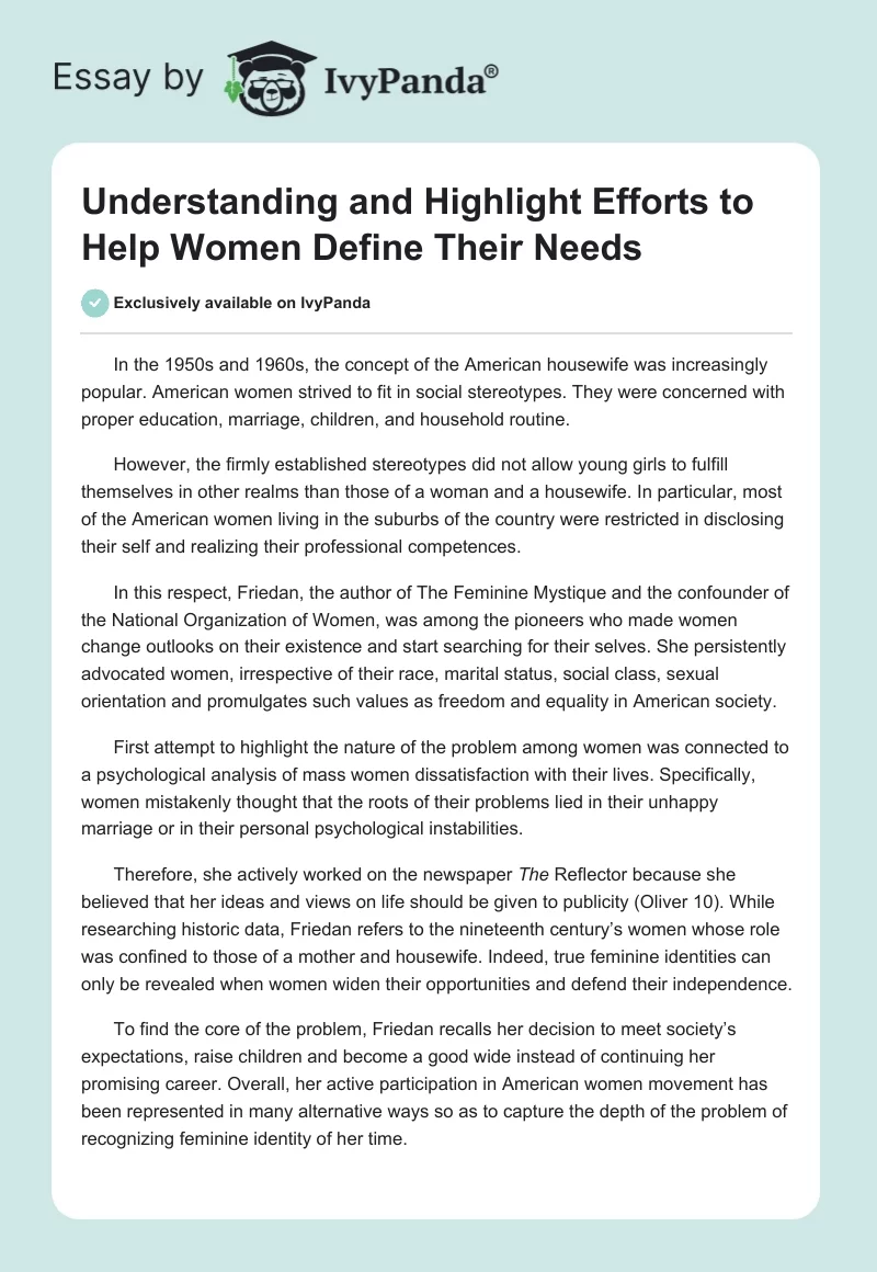 Understanding and Highlight Efforts to Help Women Define Their Needs. Page 1