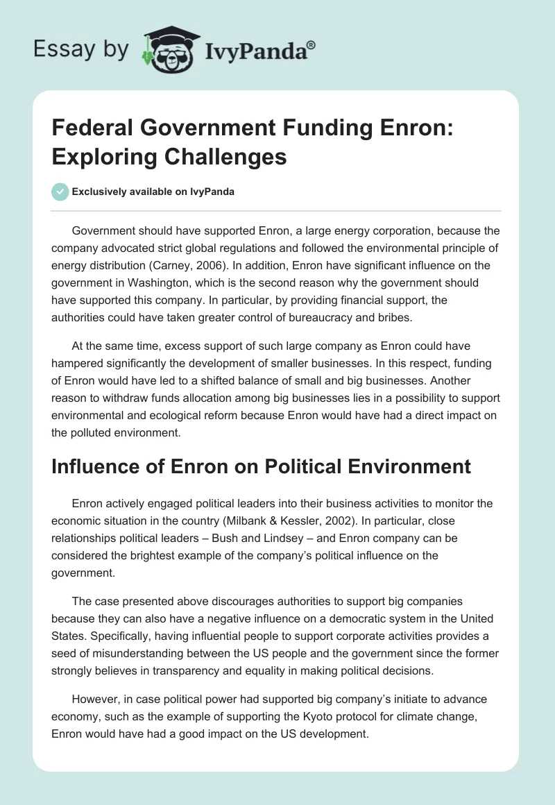 Federal Government Funding Enron: Exploring Challenges. Page 1