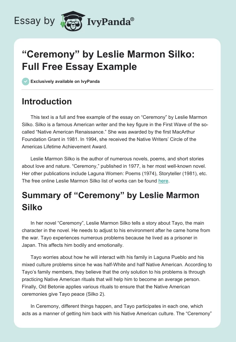 “Ceremony” by Leslie Marmon Silko: Full Free Essay Example. Page 1
