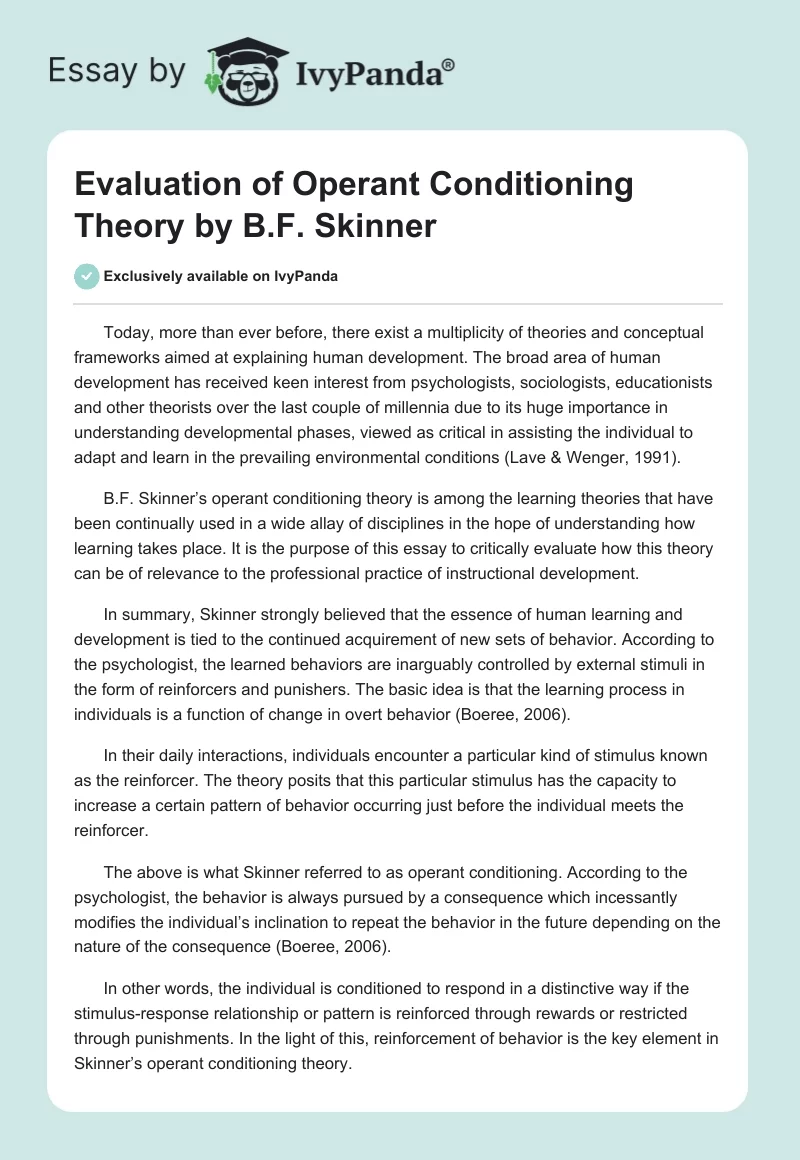 Evaluation of Operant Conditioning Theory by B.F. Skinner. Page 1
