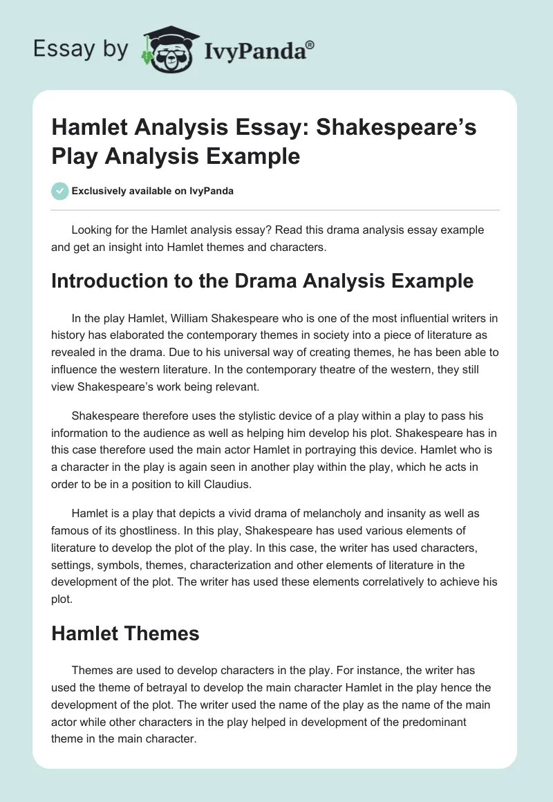 Hamlet Analysis Essay: Shakespeare’s Play Analysis Example. Page 1