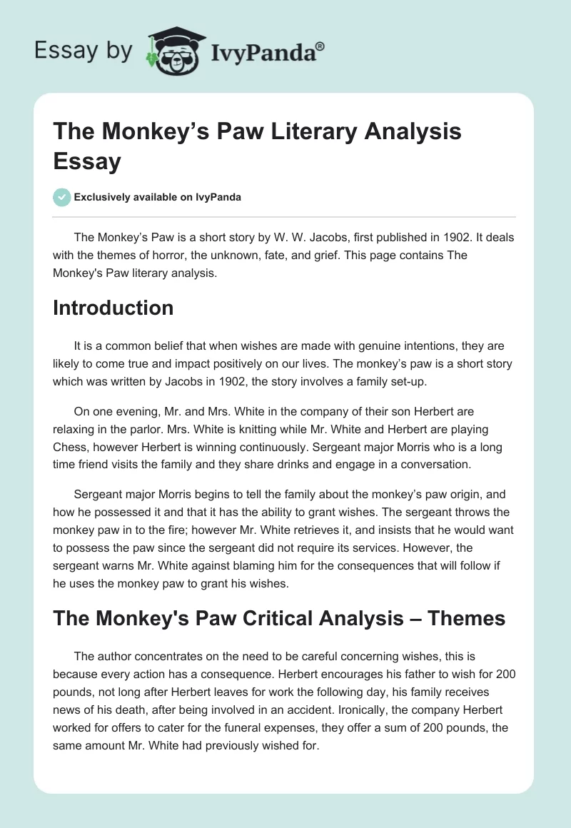 The Monkey’s Paw Literary Analysis Essay. Page 1