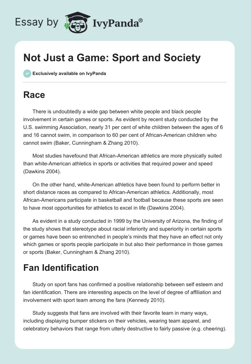 Not Just a Game: Sport and Society. Page 1