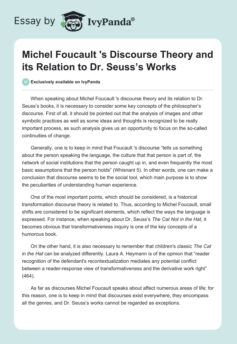 Michel Foucault 's Discourse Theory and its Relation to Dr. Seuss’s Works. Page 1