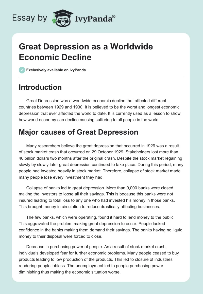 Great Depression as a Worldwide Economic Decline. Page 1