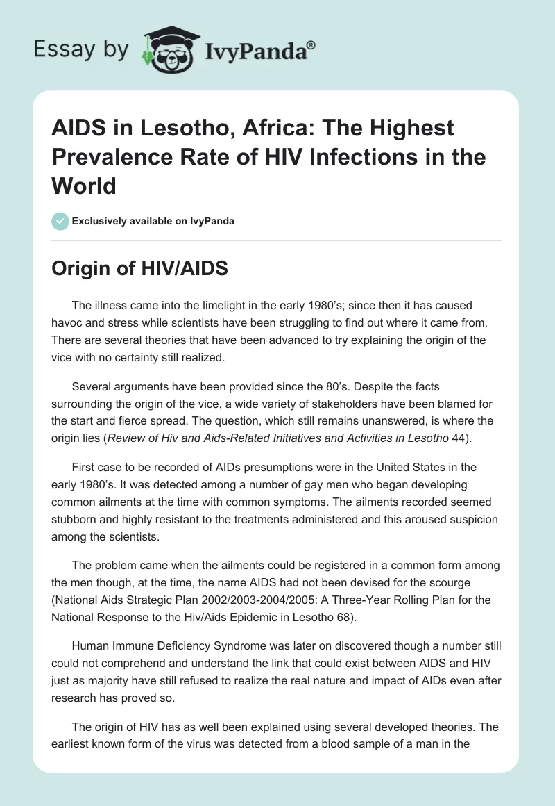 AIDS in Lesotho, Africa: The Highest Prevalence Rate of HIV Infections in the World. Page 1