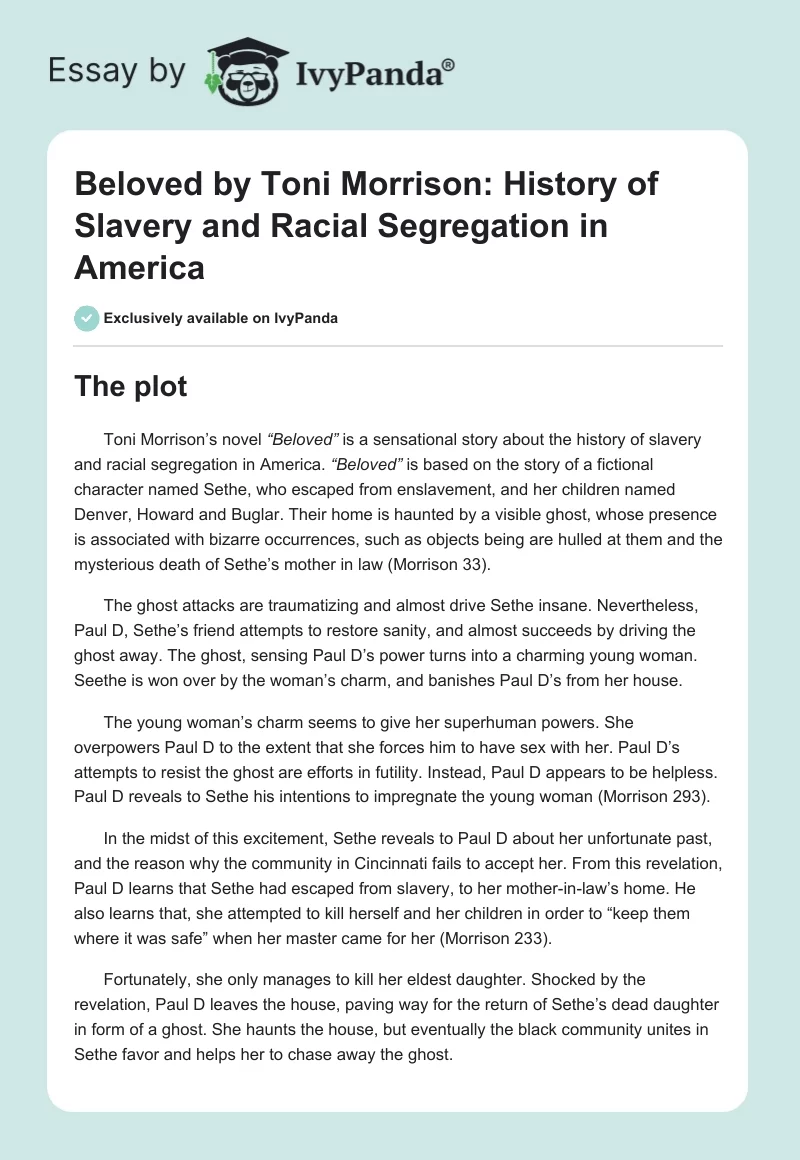 Beloved by Toni Morrison: History of Slavery and Racial Segregation in America. Page 1