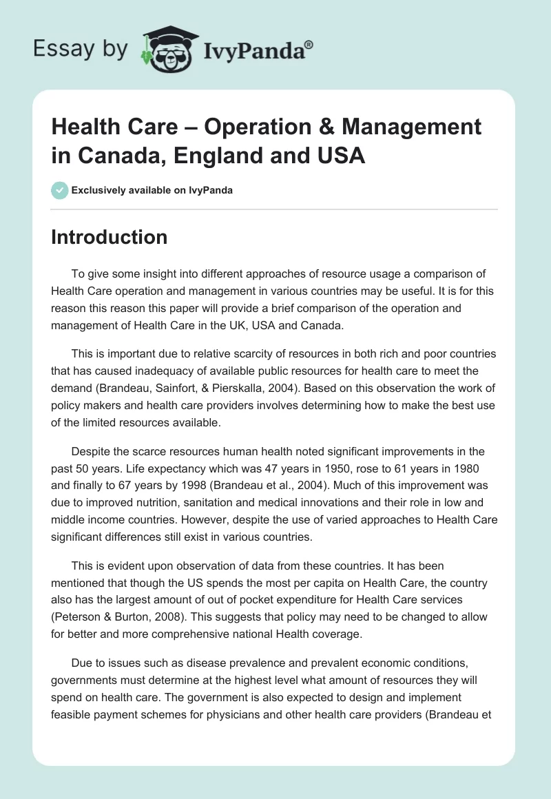 Health Care – Operation & Management in Canada, England and USA. Page 1