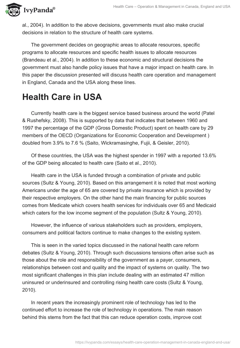 Health Care – Operation & Management in Canada, England and USA. Page 2