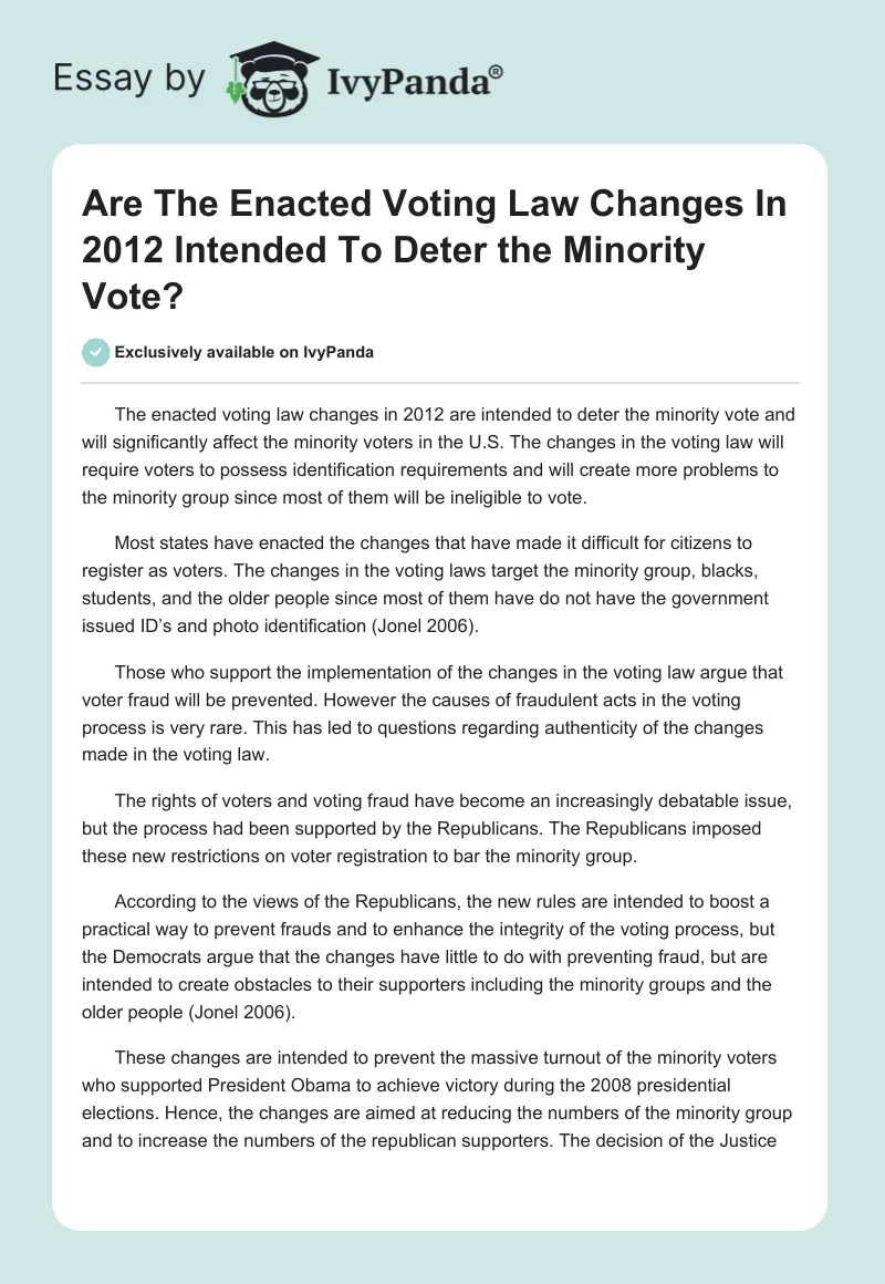 Are The Enacted Voting Law Changes In 2012 Intended To Deter the Minority Vote?. Page 1