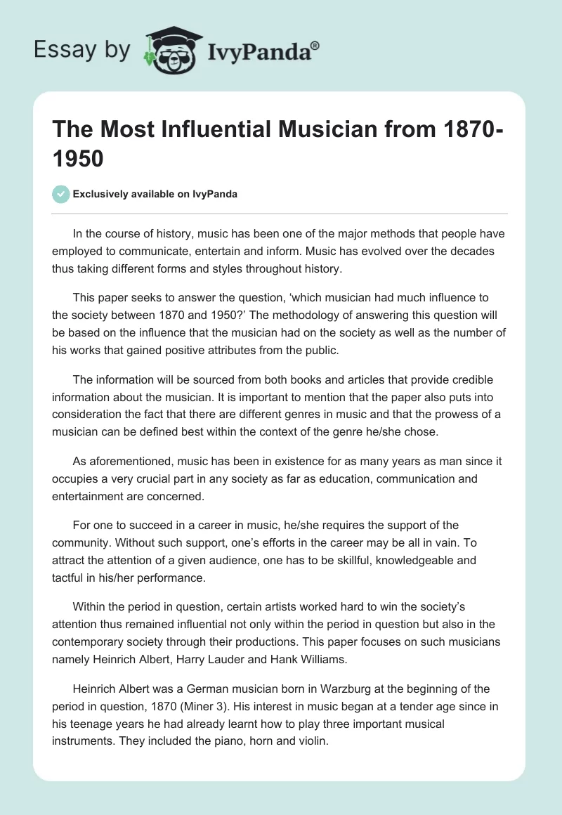 The Most Influential Musician from 1870-1950. Page 1