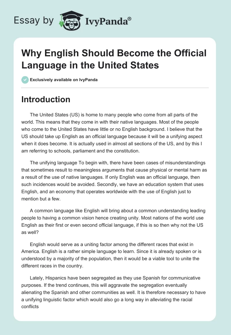 Why English Should Become the Official Language in the United States. Page 1