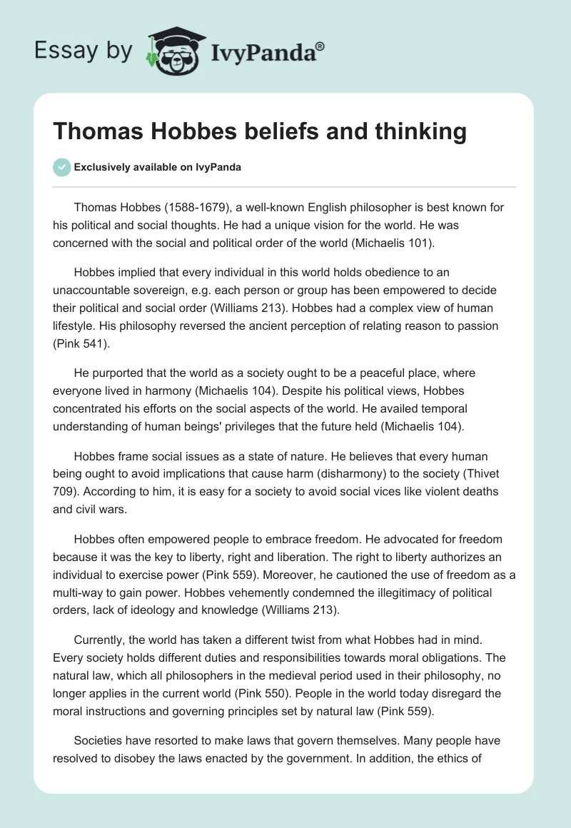 Thomas Hobbes beliefs and thinking. Page 1
