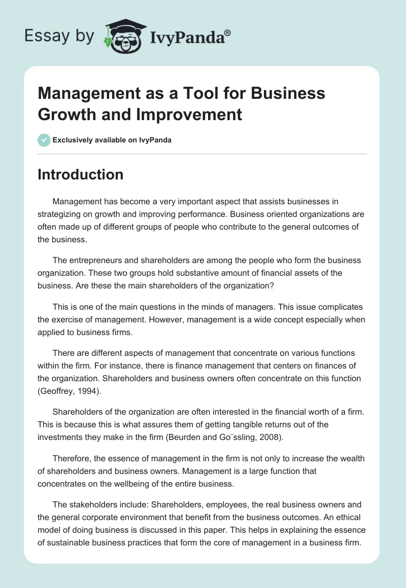 Management as a Tool for Business Growth and Improvement. Page 1