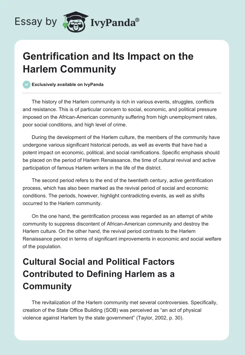 Gentrification and Its Impact on the Harlem Community. Page 1