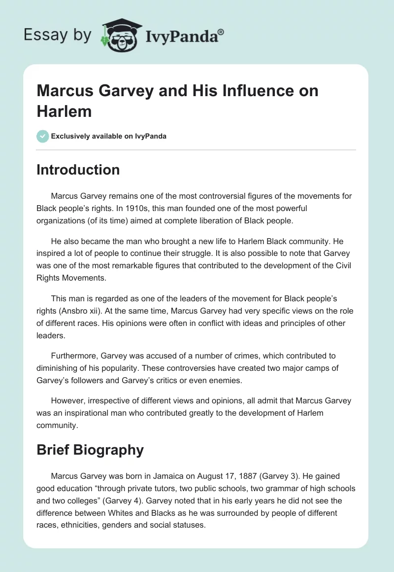 Marcus Garvey and His Influence on Harlem. Page 1